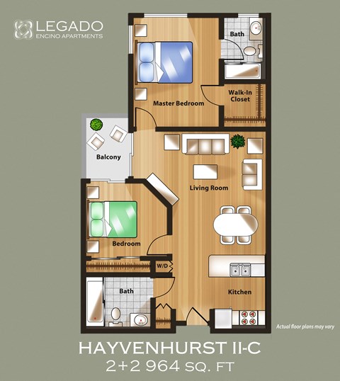 Floor plan for 2 beds, 2 baths, 1151 sqft